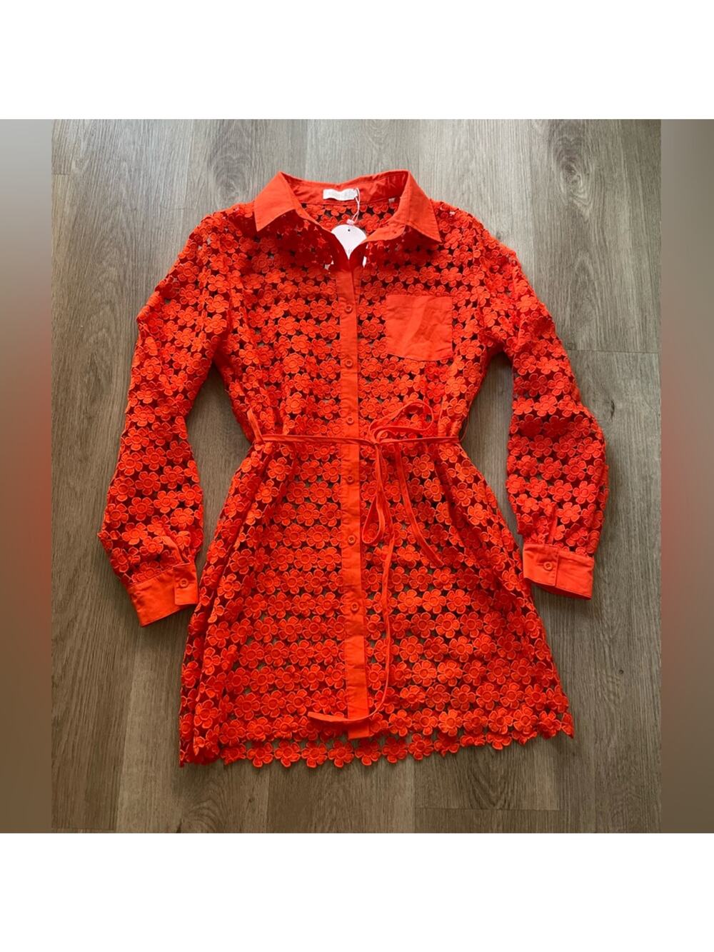 rumer capri orange floral embroidered collared sheer mini button front dress NEW